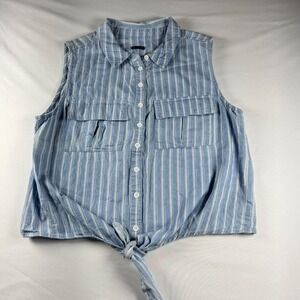 Womens Blue White Striped Sleeveless Tie Front Button Up‎ Cotton Top Small